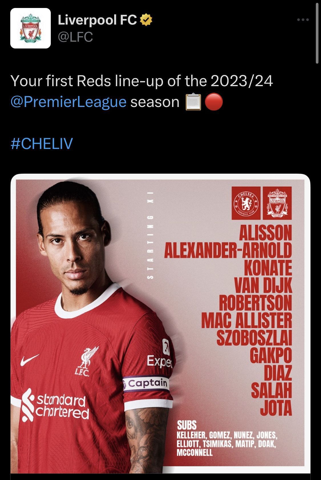 Liverpool's XI to face Chelsea.